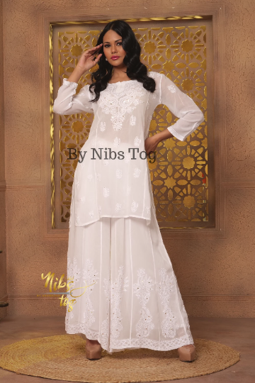 White Short Chikankari Kurta Palazzo set Viscose Georgette