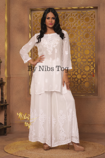 White Short Chikankari Kurta Palazzo set Viscose Georgette