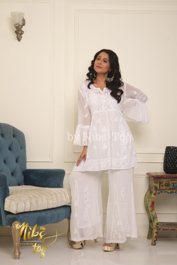 White Chikankari Short Kurta Palazzo Set Viscose Georgette with Bell Sleeves