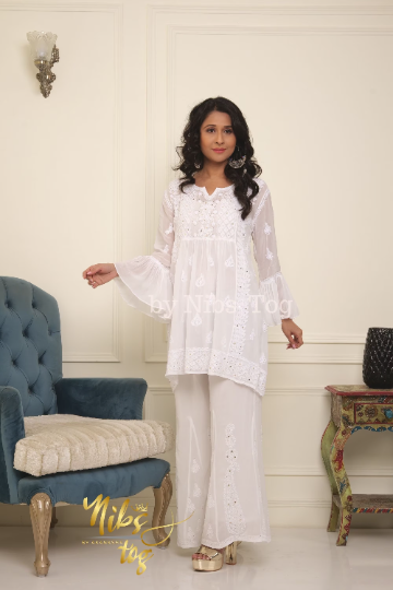 White Chikankari Short Kurta Palazzo Set Viscose Georgette with Bell Sleeves