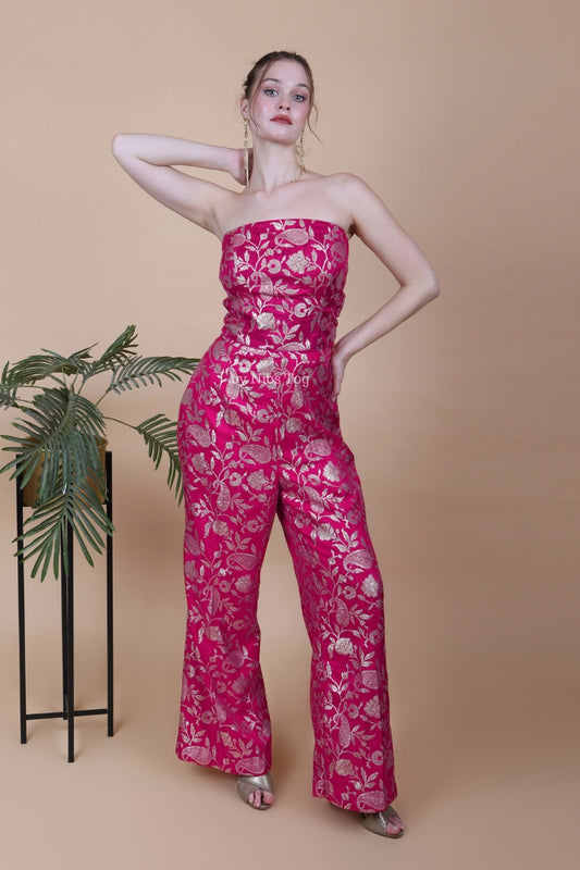 Fuchsia Pink Banarasi Silk off-Shoulder Jump Suit