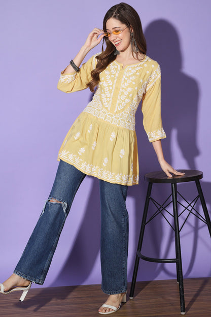 Gul Beige Chikankari Short Kurta Rayon Cotton