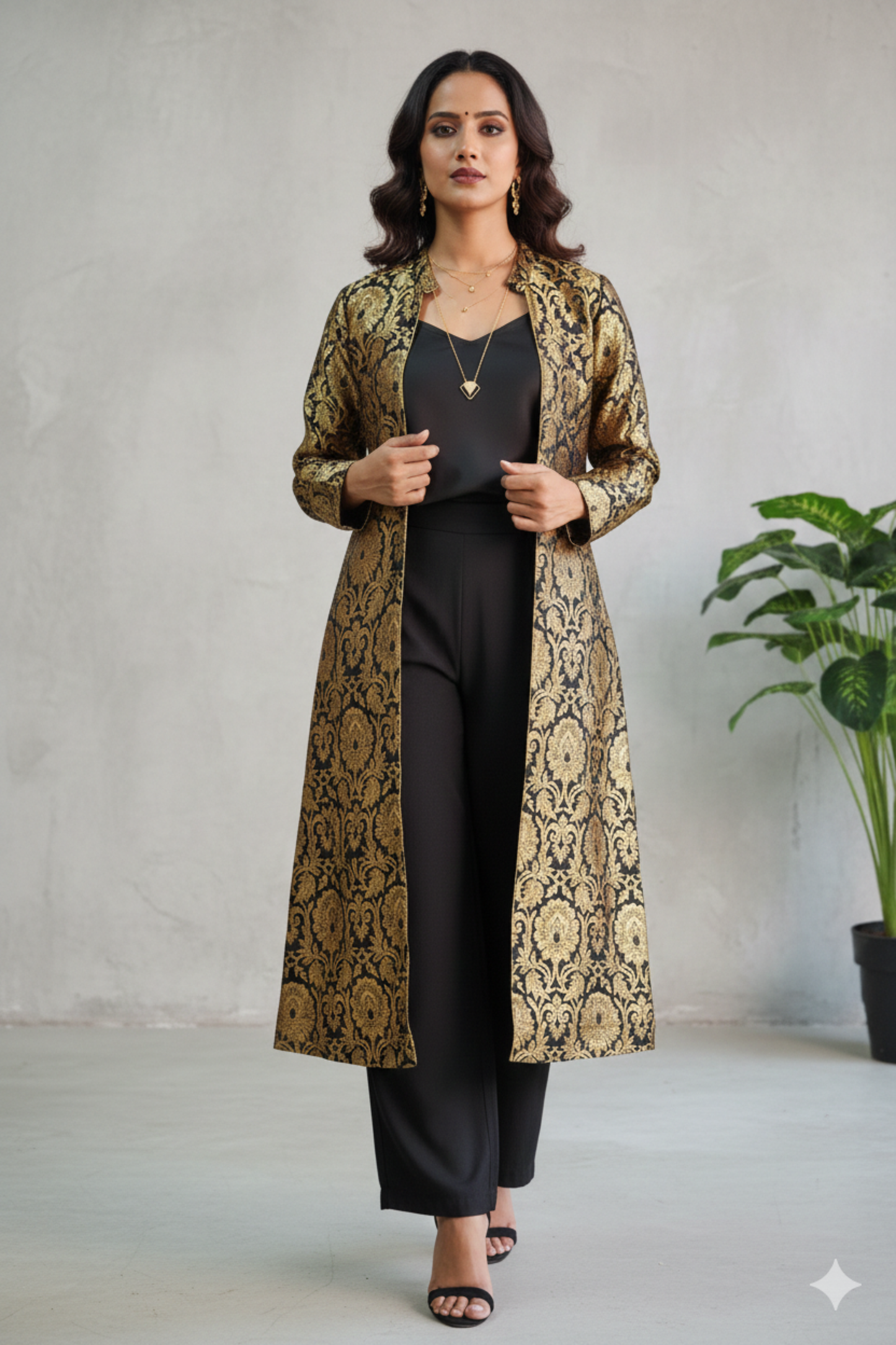 Black & Gold Banarasi Long Jacket