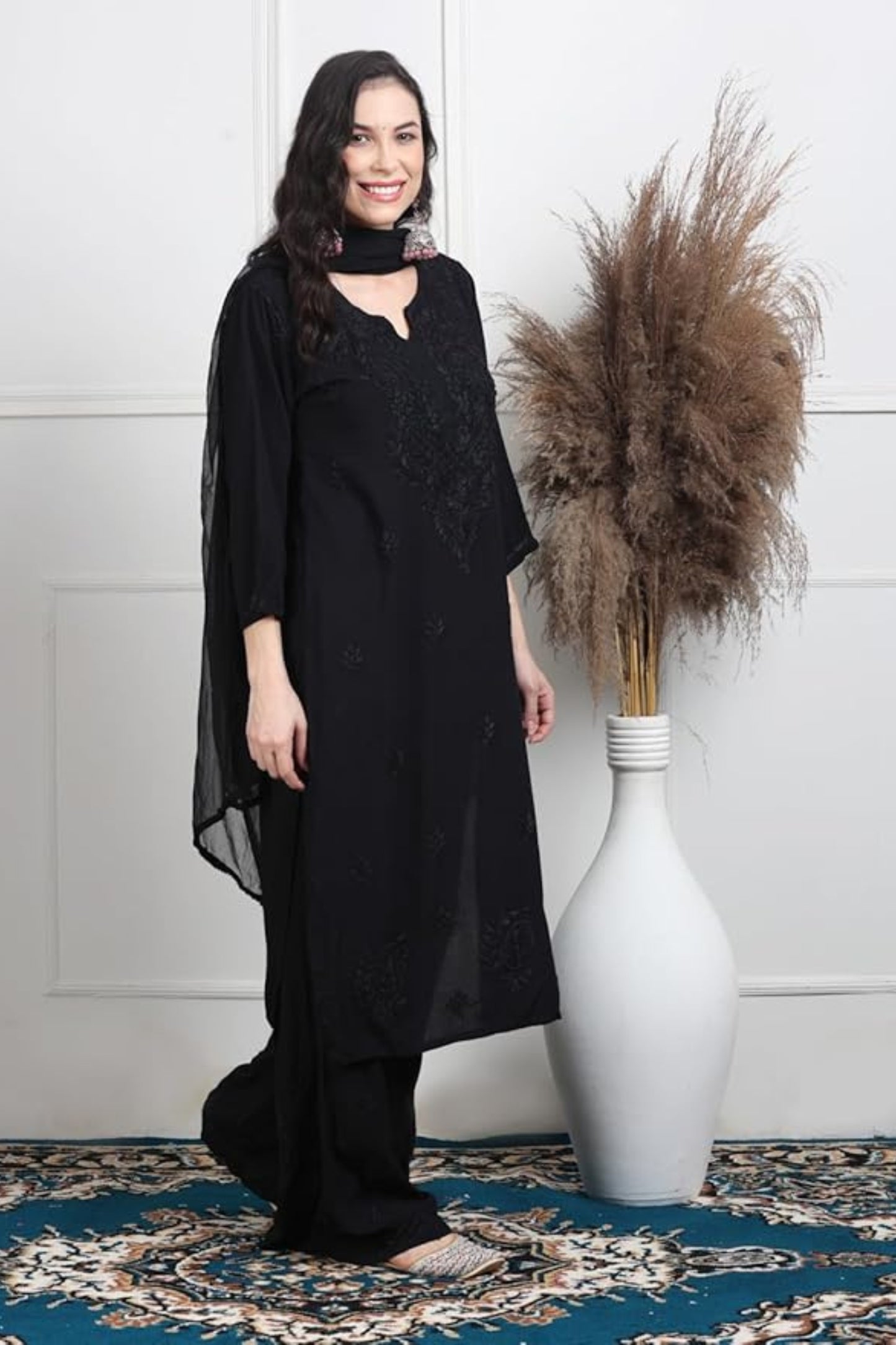 Black Cotton Chikankari Kurta Palazzo Set with Dupatta