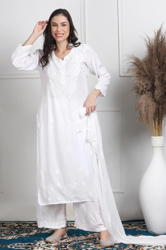 White Cotton Chikankari Kurta Palazzo Set with Dupatta