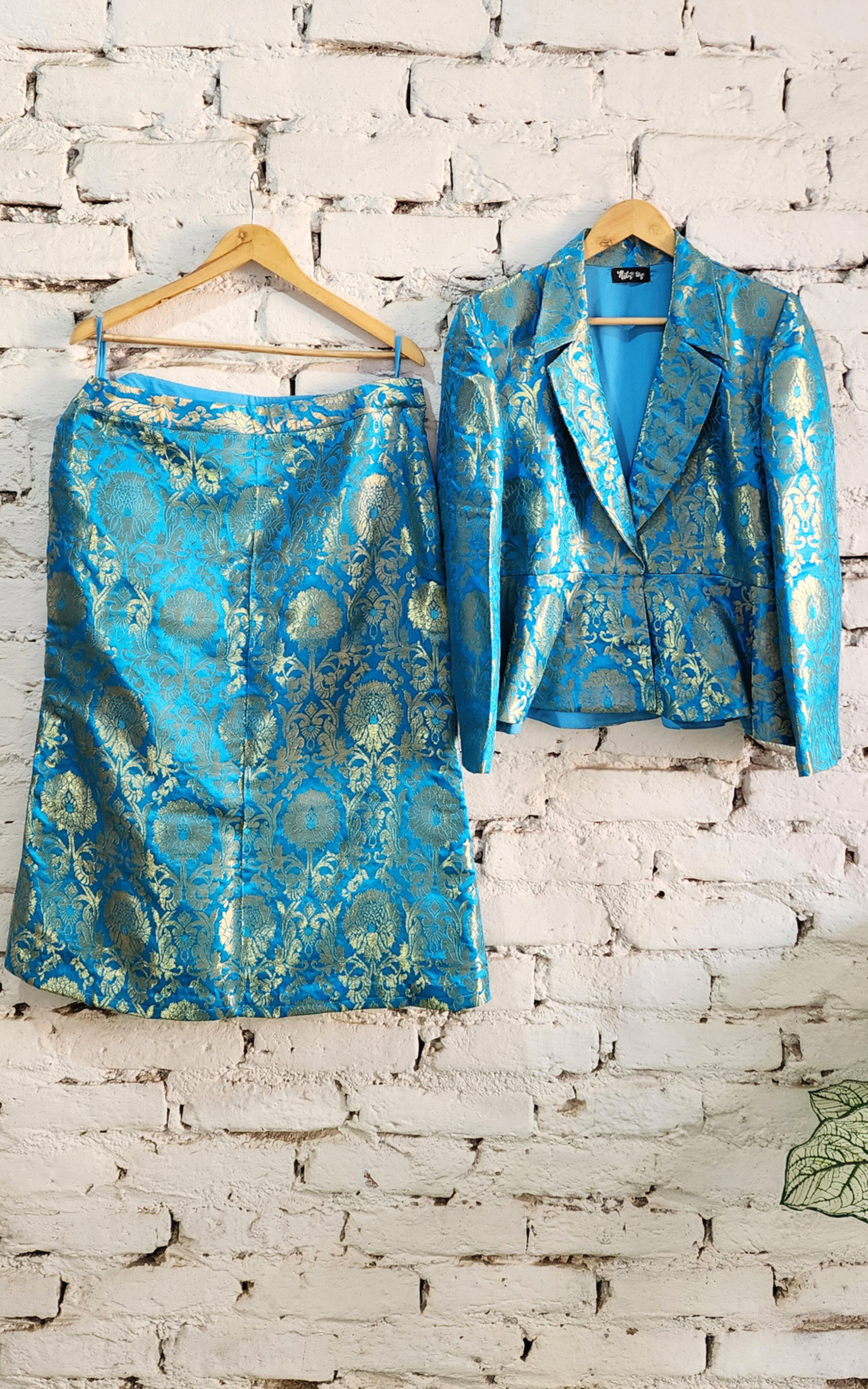 Blue Banarasi Blazer with Skirt Set