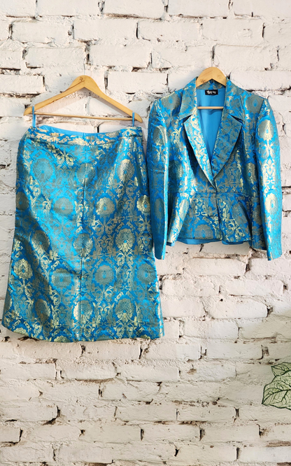 Blue Banarasi Blazer with Skirt Set