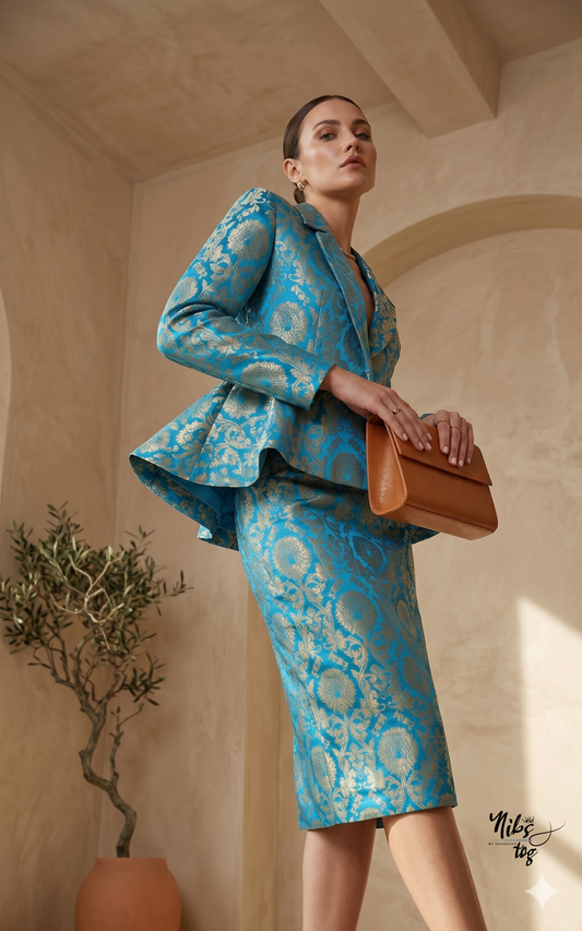 Blue Banarasi Blazer with Skirt Set