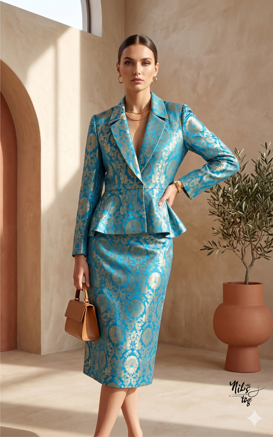 Blue Banarasi Blazer with Skirt Set