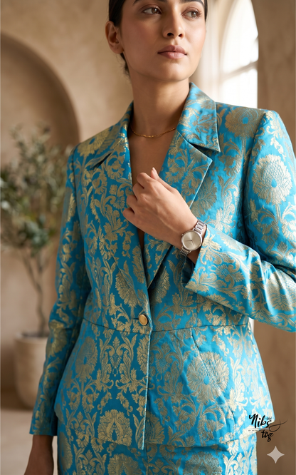 Blue Banarasi Blazer with Skirt Set