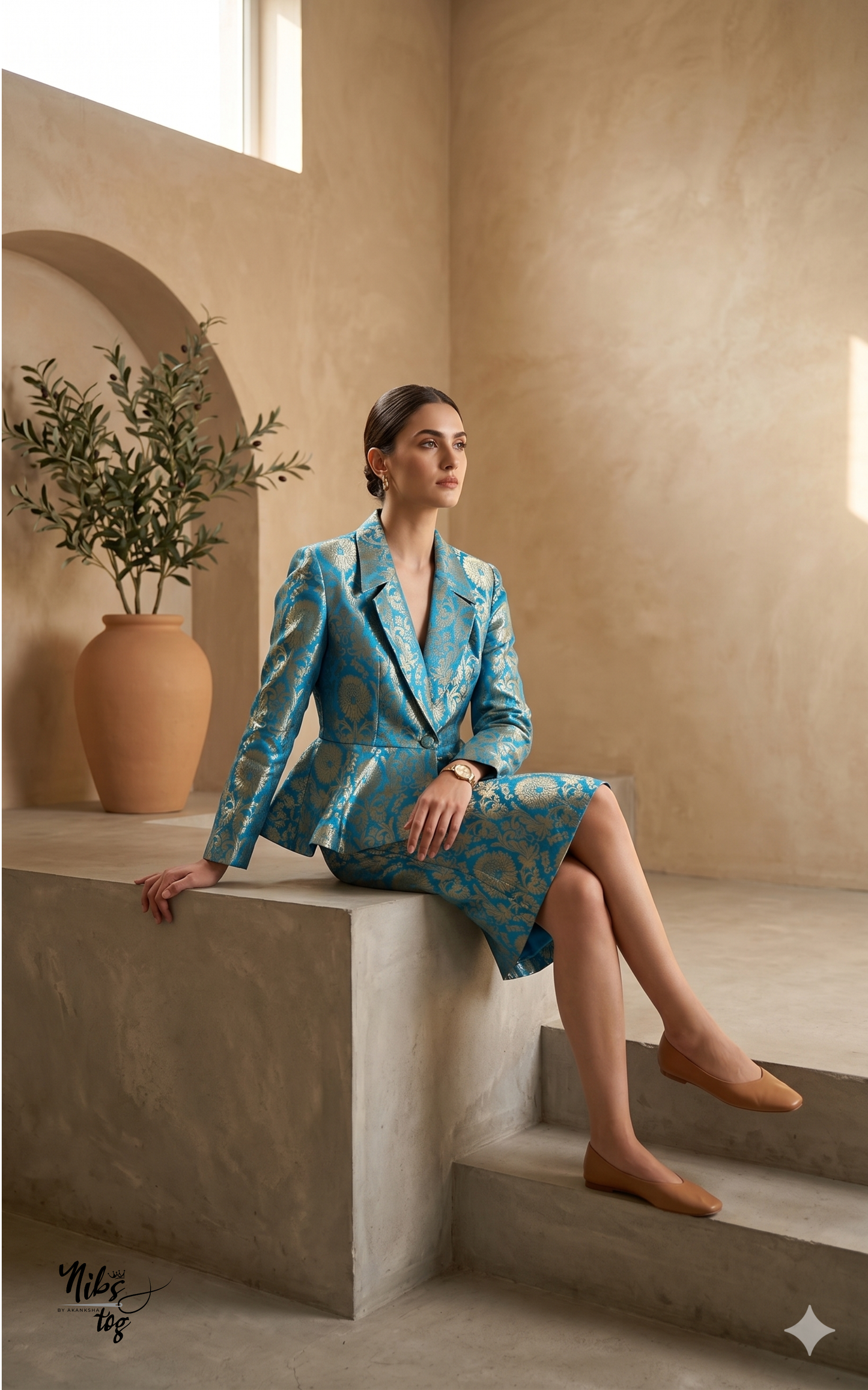 Blue Banarasi Blazer with Skirt Set