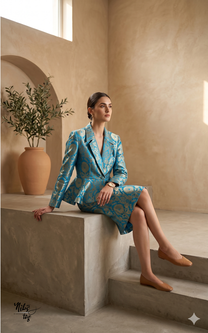 Blue Banarasi Blazer with Skirt Set