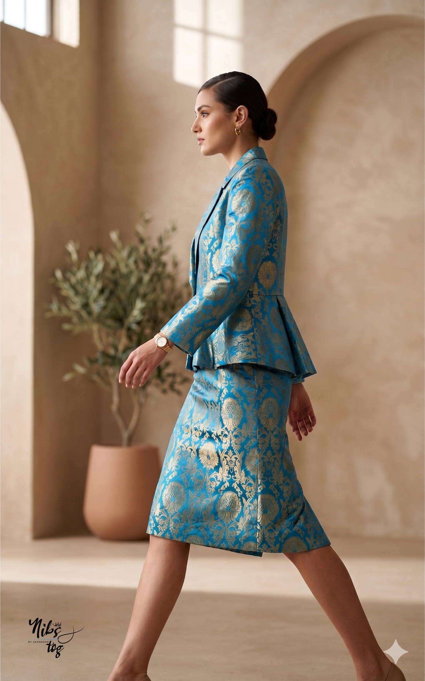 Blue Banarasi Blazer with Skirt Set