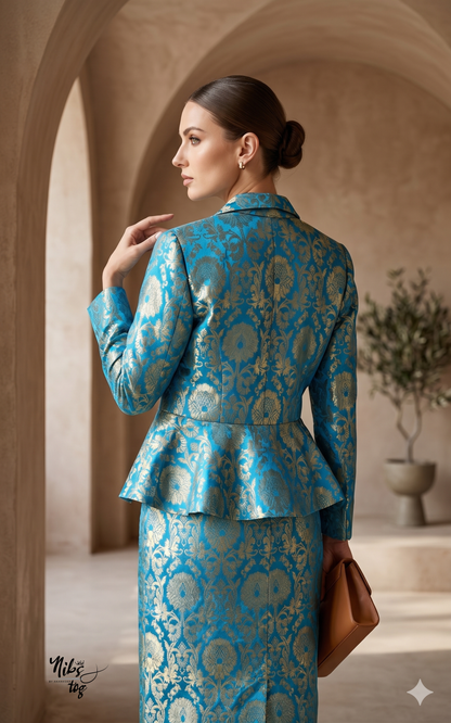 Blue Banarasi Blazer with Skirt Set