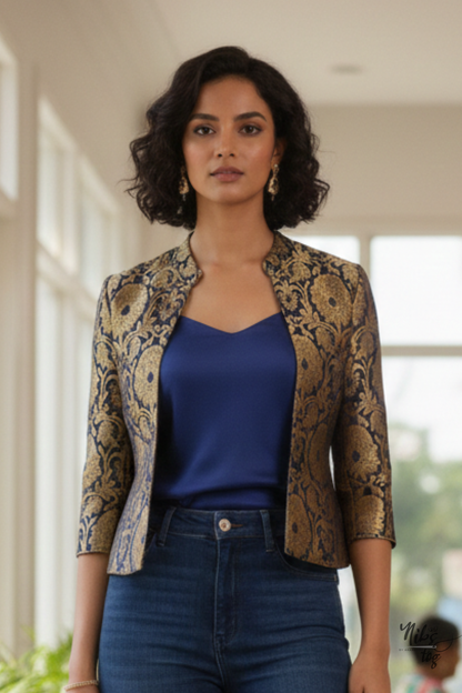 Blue Banarasi Brocade jacket Short