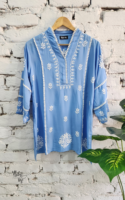 Blue Hania Modal Cotton Chikankari Short Kurta