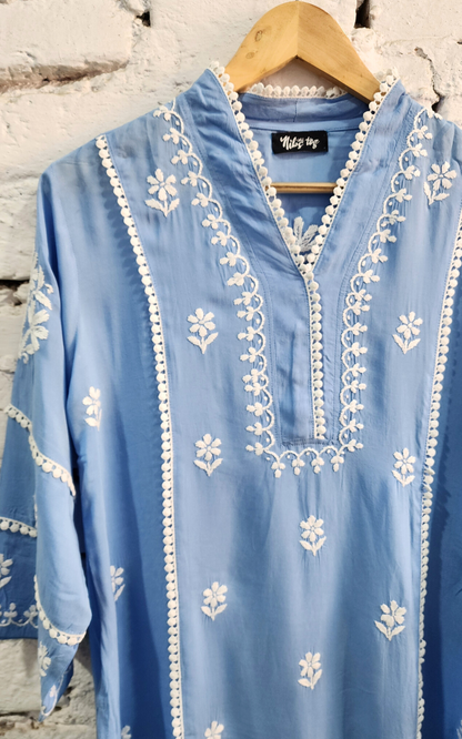 Blue Hania Modal Cotton Chikankari Short Kurta
