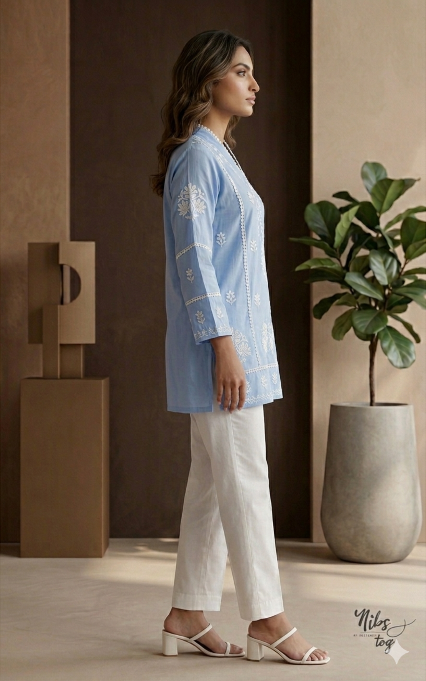 Blue Hania Modal Cotton Chikankari Short Kurta