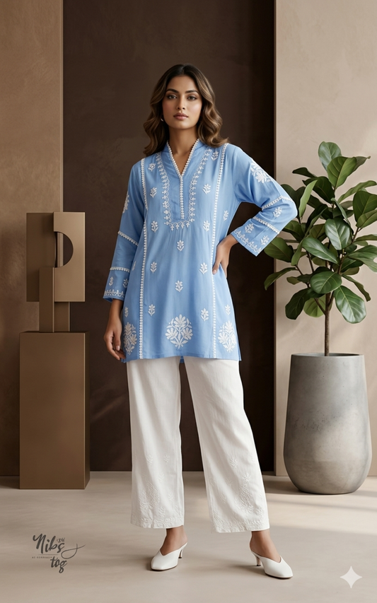 Blue Hania Modal Cotton Chikankari Short Kurta