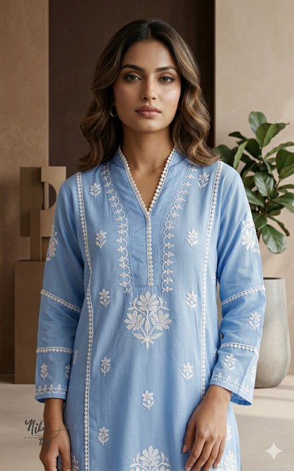 Blue Hania Modal Cotton Chikankari Short Kurta
