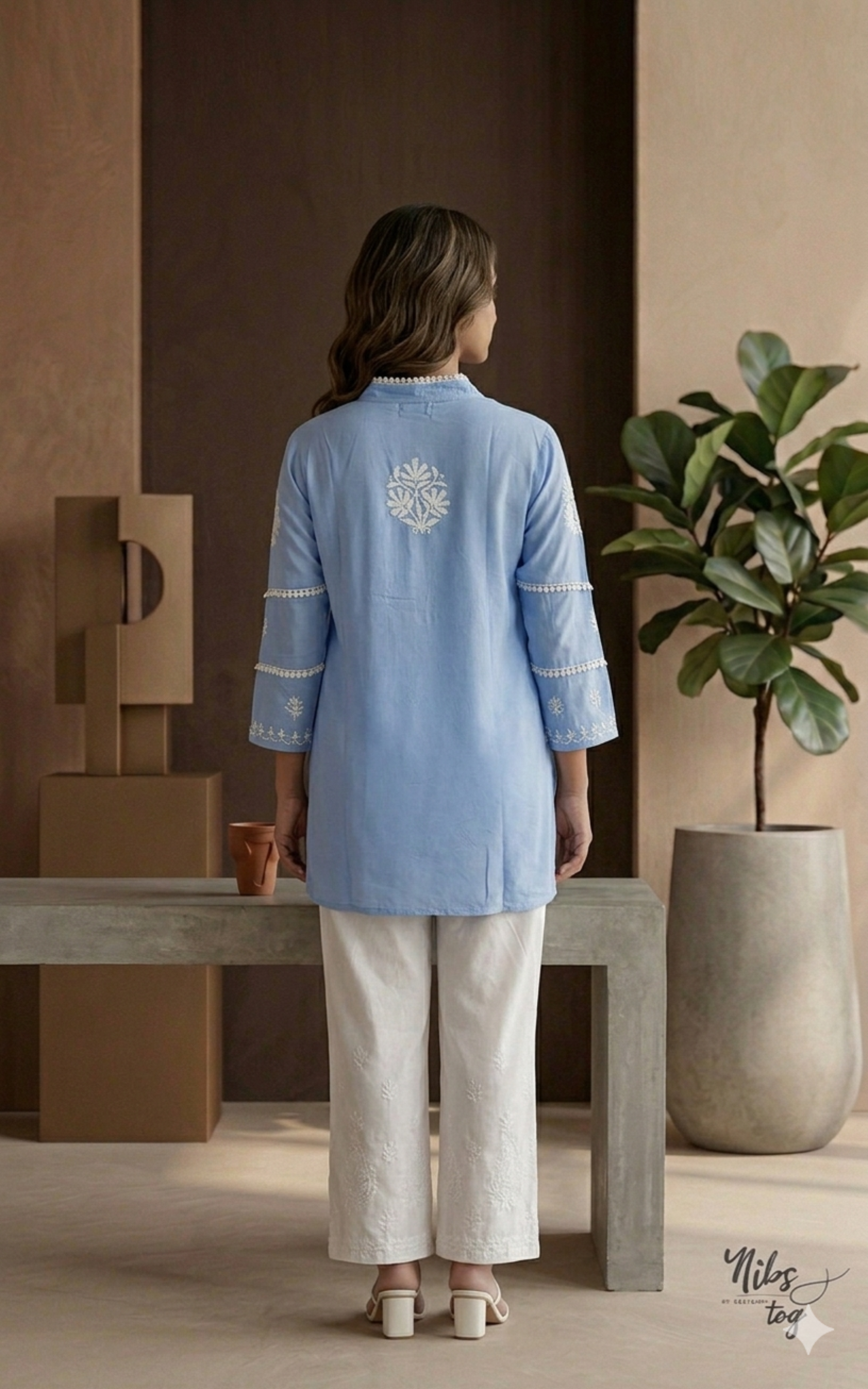 Blue Hania Modal Cotton Chikankari Short Kurta