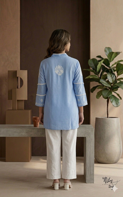 Blue Hania Modal Cotton Chikankari Short Kurta
