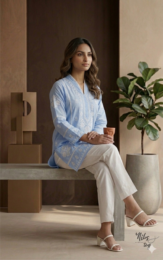 Blue Hania Modal Cotton Chikankari Short Kurta
