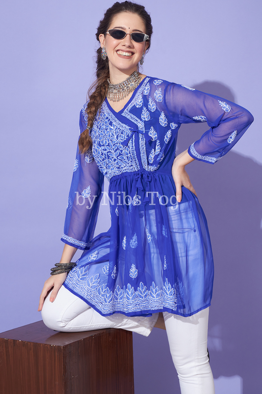 Chikankari Short Kurta Blue Georgette Angrakha Style with Camisole