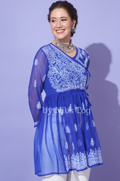 Chikankari Short Kurta Blue Georgette Angrakha Style with Camisole