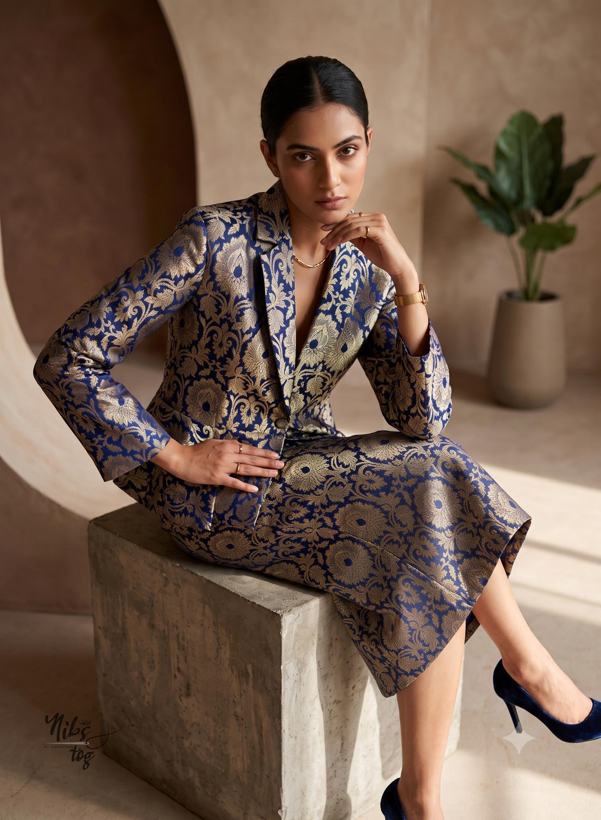 Dark blue and gold Banarasi brocade peplum blazer and straight skirt - view 1