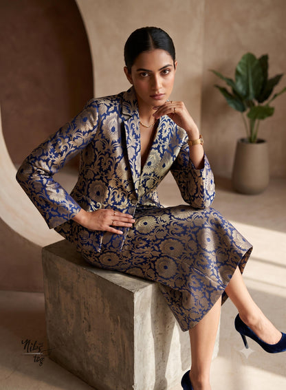 Dark blue and gold Banarasi brocade peplum blazer and straight skirt - view 1
