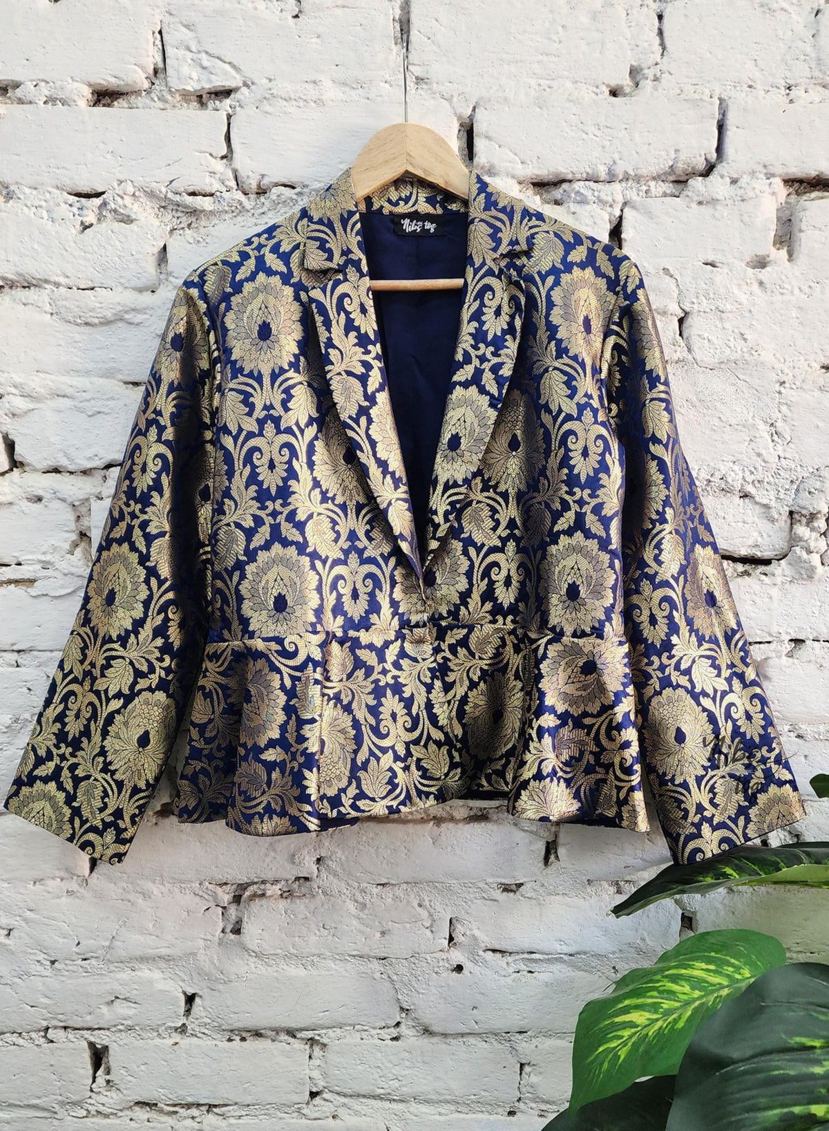 Dark blue and gold Banarasi brocade peplum blazer and straight skirt - view 11