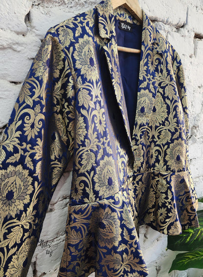 Dark blue and gold Banarasi brocade peplum blazer and straight skirt - view 12
