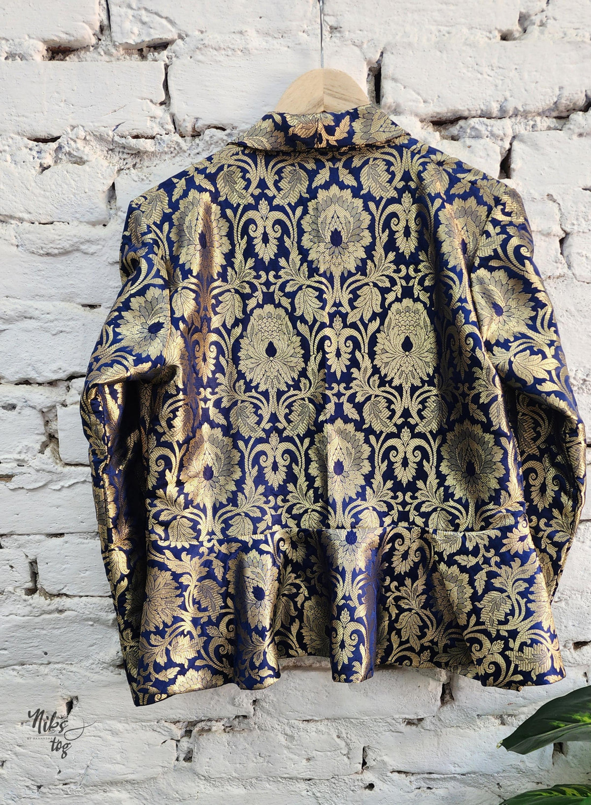Dark blue and gold Banarasi brocade peplum blazer and straight skirt - view 13
