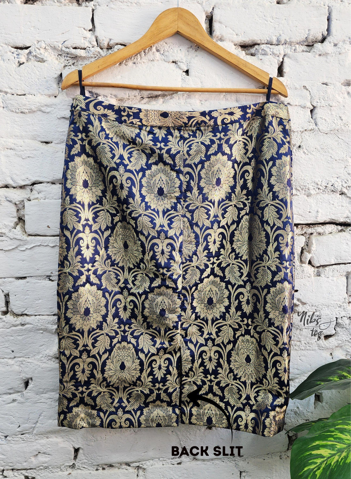 Dark blue and gold Banarasi brocade peplum blazer and straight skirt - view 15