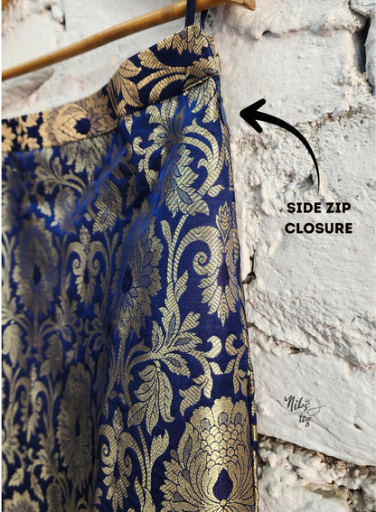 Dark blue and gold Banarasi brocade peplum blazer and straight skirt - view 16