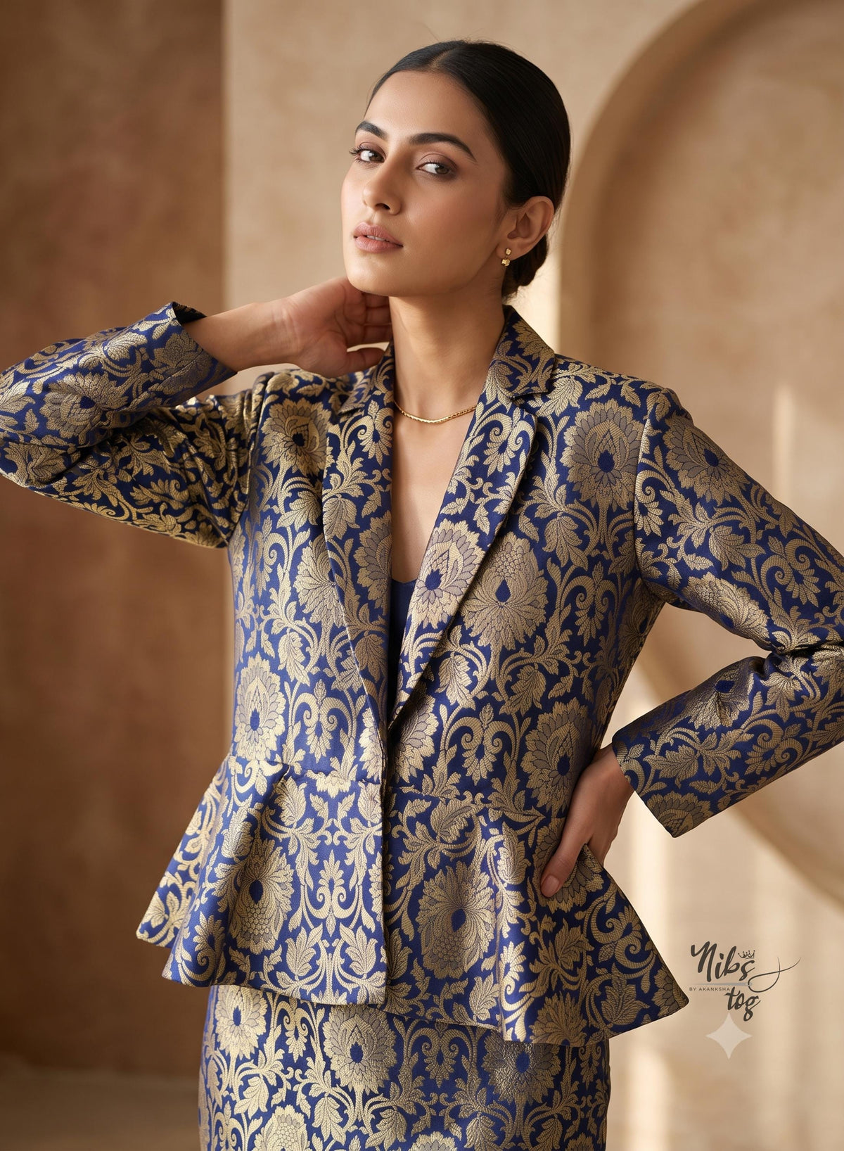 Dark blue and gold Banarasi brocade peplum blazer and straight skirt - view 3