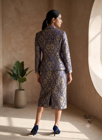 Dark blue and gold Banarasi brocade peplum blazer and straight skirt - view 4