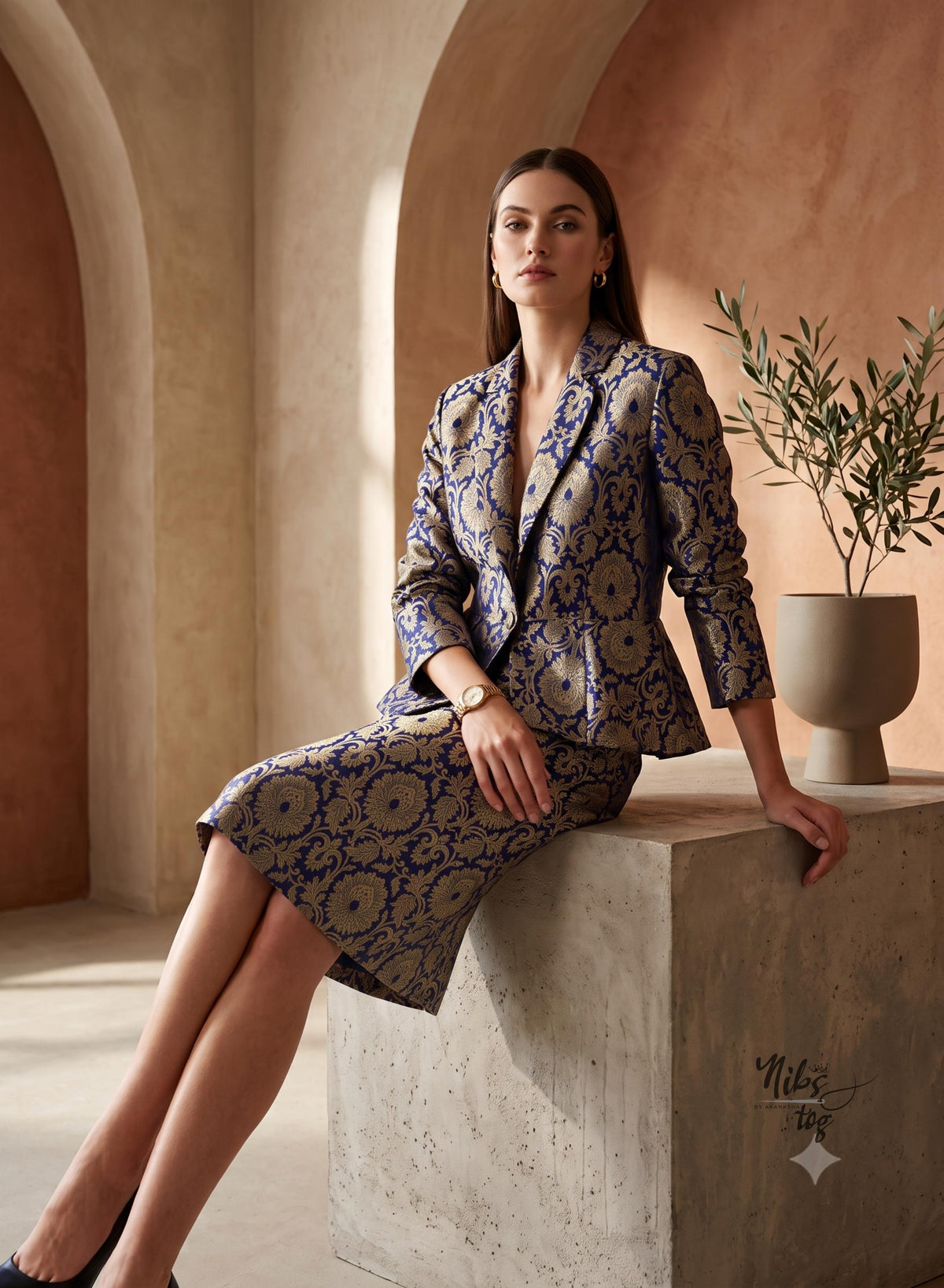 Dark blue and gold Banarasi brocade peplum blazer and straight skirt - view 5