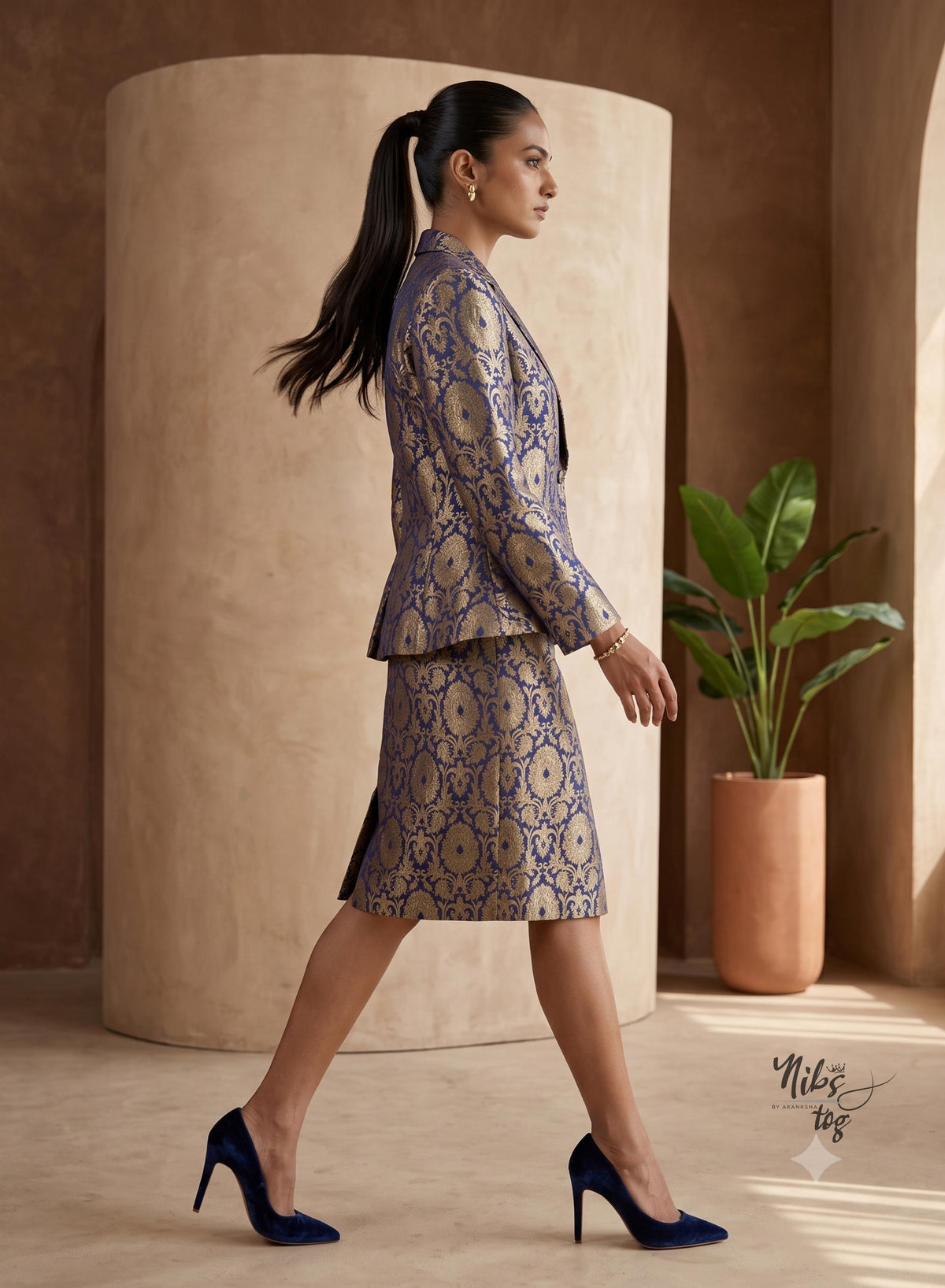 Dark blue and gold Banarasi brocade peplum blazer and straight skirt - view 6