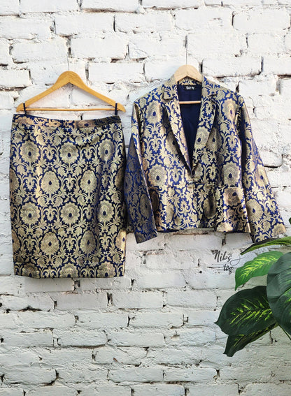 Dark blue and gold Banarasi brocade peplum blazer and straight skirt - view 8