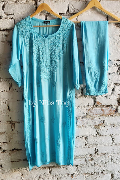 Sky Blue Modal Cotton Chikankari Kurta Palazzo Set