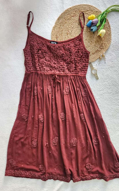 Brown Strap Tunic with Hand Chikankari Embroidery
