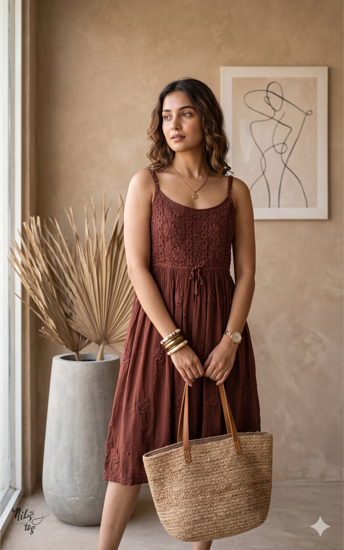 Brown Strap Tunic with Hand Chikankari Embroidery