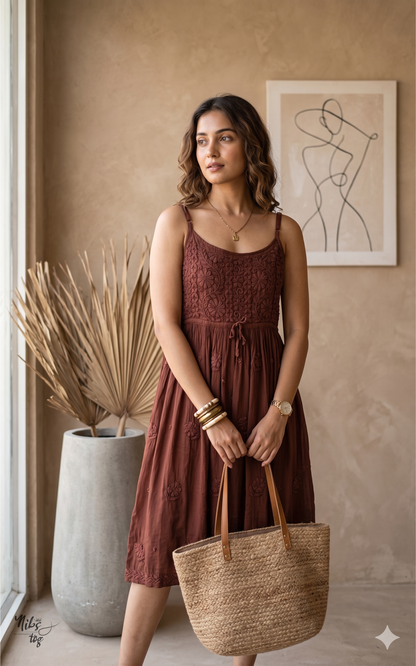 Brown Strap Tunic with Hand Chikankari Embroidery