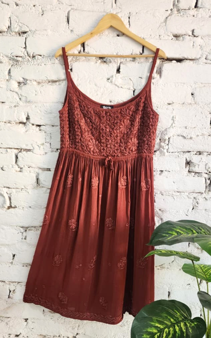 Brown Strap Tunic with Hand Chikankari Embroidery