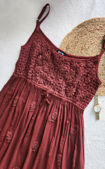 Brown Strap Tunic with Hand Chikankari Embroidery