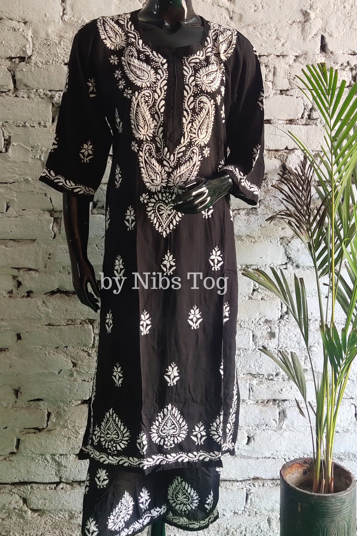 Black Modal Cotton Chikankari Kurta Palazzo Set for Women