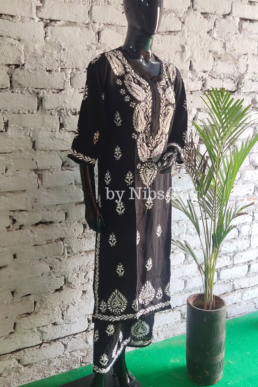 Black - Shibori Tye-Dye Mul Cotton Kurta with Palazzo & Dupatta Set
