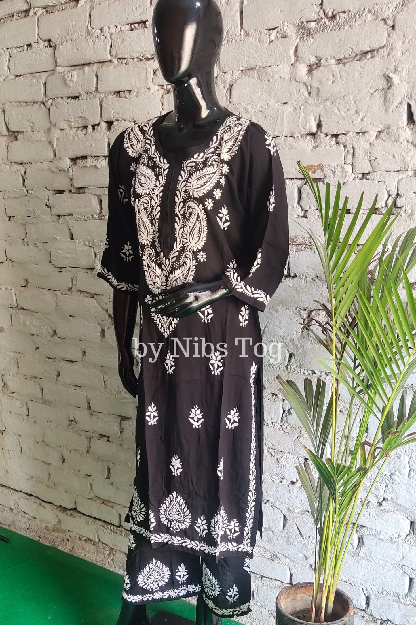 Black Modal Cotton Chikankari Kurta Palazzo Set for Women